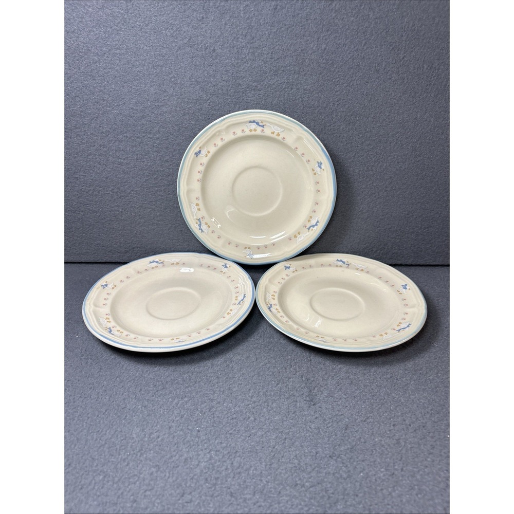 Aunt Rhody Goose Saucers Set of 3 Blue Bow Farmhouse Stoneware‎